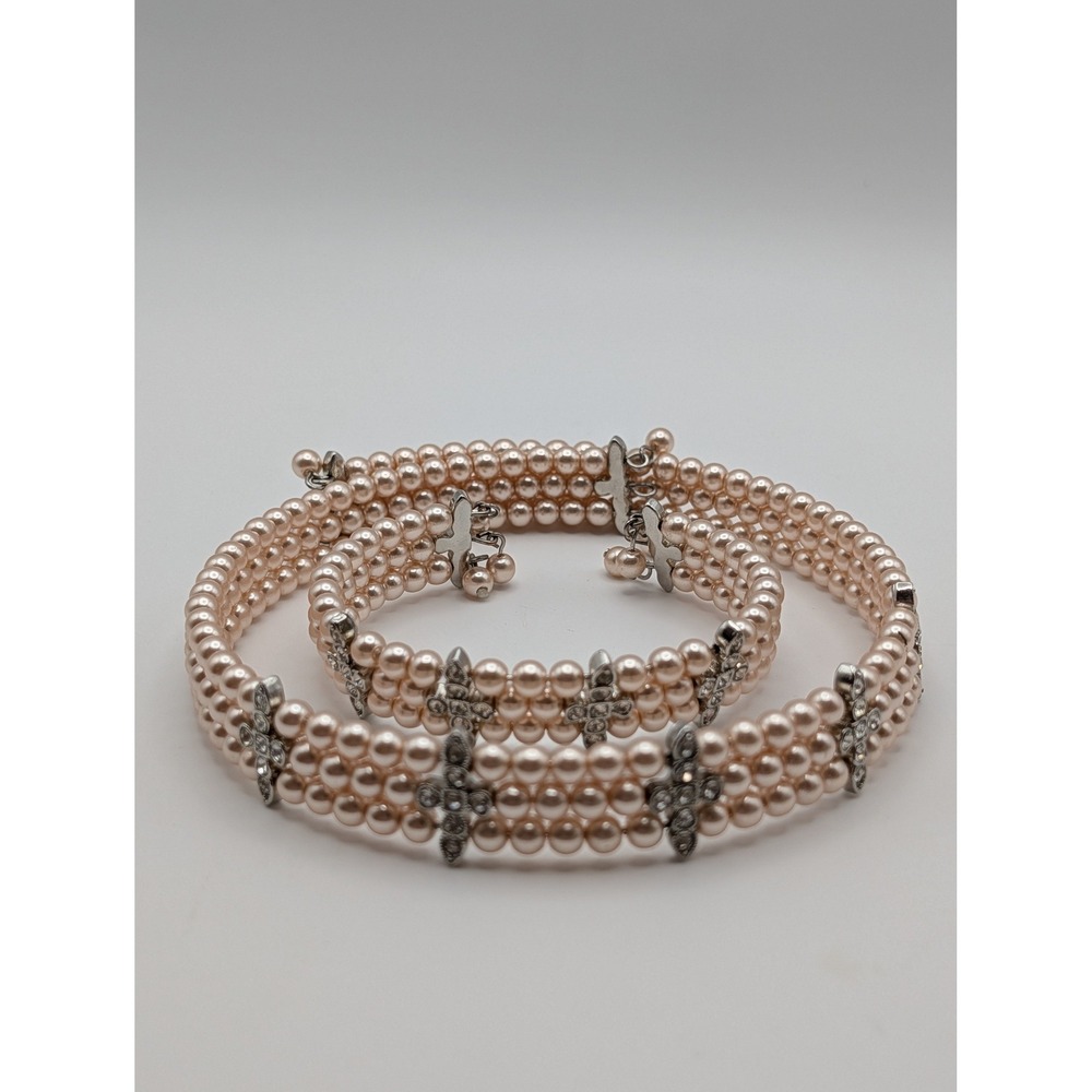 Vintage Blush Pink Faux Pearl‎ Choker & Bracelet Set Rhinestone Cross Accents